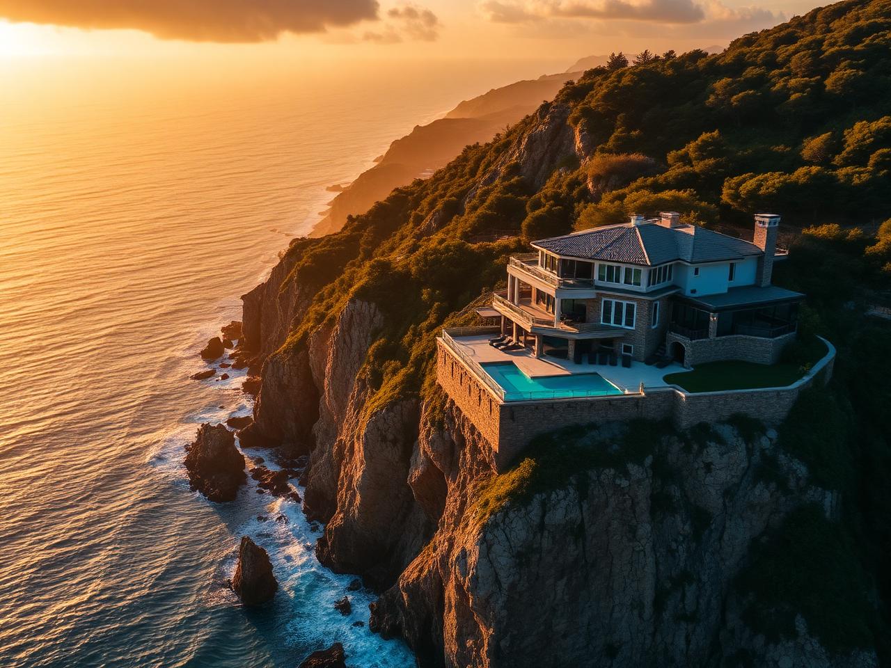 Twilight drone shot of a coastal villa