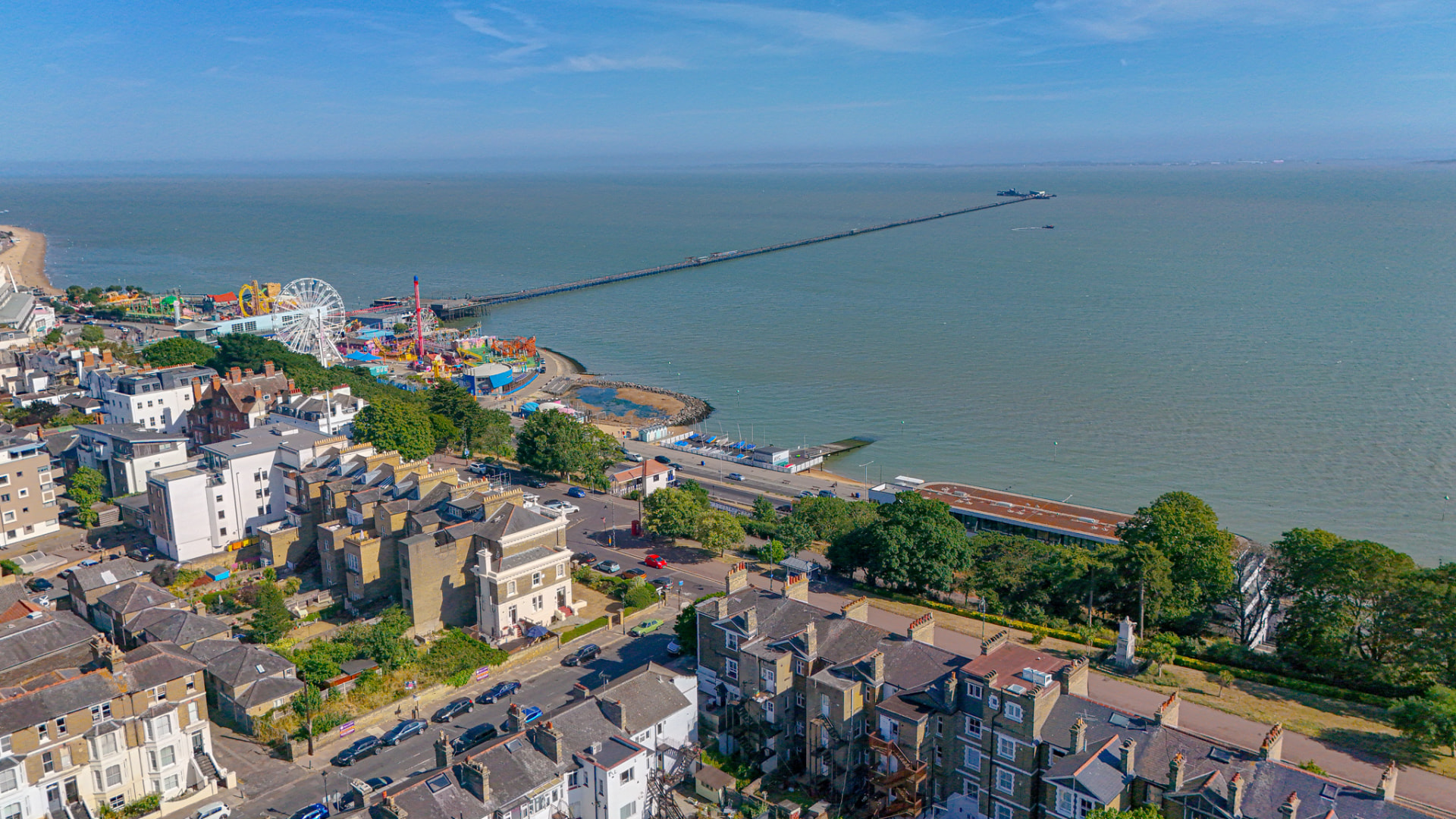 Aerial drone view of the Southend seafront and pier